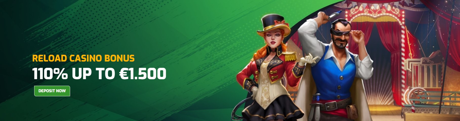 The banner showcasing the reload casino bonus of 110%, providing existing players with an opportunity to boost their bankroll and continue their gaming experience.